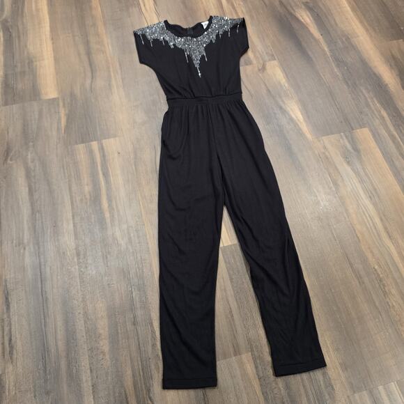 80s Womens Black Silver Sparkly Vintage Pants Jumpsuit Zip Cotton Poly Small - Picture 1 of 9